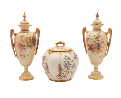 A pair of Royal Worcester two-handled vases and covers and a similar biscuit barrel and cover: all painted with floral sprays