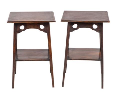 A pair of Victorian oak occasional tables in Arts and Crafts style, late 19th century,: the square tops with moulded edges, a