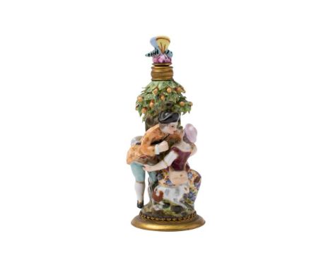 A Helena Wolfsohn Dresden porcelain and gilt-metal mounted scent bottle and stopper: in Chelsea style and in the form of shep