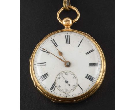 A late-Victorian, 18ct gold pocket watch: the fusee movement with a gold three-arm balance to the lever escapement and engrav