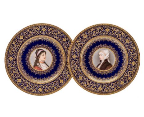 A pair of late 19th century Austrian cabinet plates by Ernst Wahliss: painted by F.A.Kaulbach with female portrait roundels r