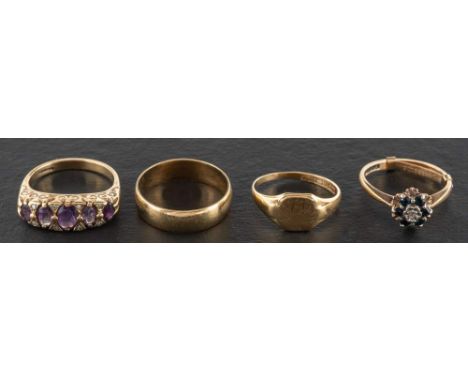 Four 9ct gold rings,: including an amethyst five-stone ring with single-cut diamond spacers; a sapphire and diamond cluster r