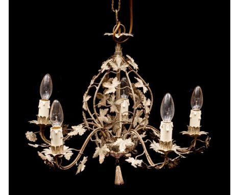An Italian painted metal five light chandelier, 20th century,: the electrical fitments on scrolling arms, issuing from an ope