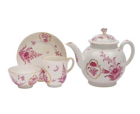 A First Period Worcester teapot and cover and a matched trio: painted in puce monochrome with stylised floral sprays and gilt