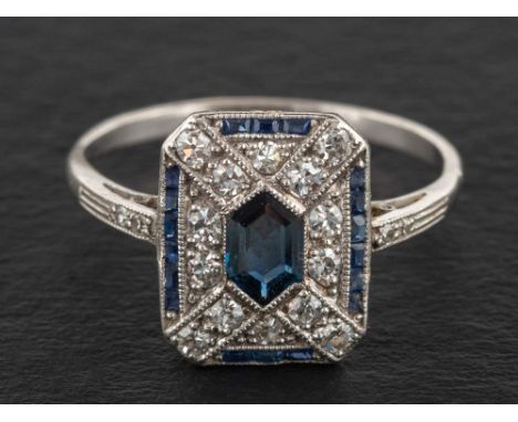 An Art Deco step and calibre-cut sapphire and single-cut diamond ring,: estimated weight of principal sapphire ca. 0.60ct, es