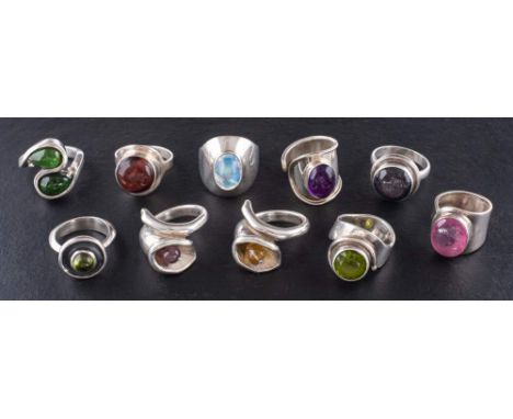 Ten gemset rings,: including pink tourmaline, amethyst, moonstone and peridot, eight stamped '925', ring sizes O-U, total wei