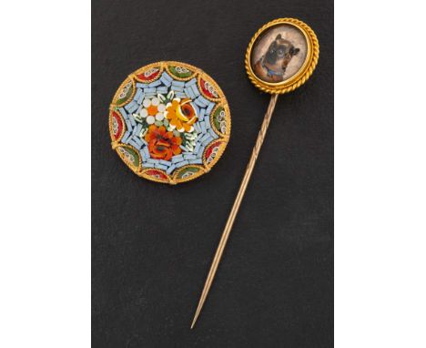 A Victorian gold Essex crystal tiepin and micro-mosaic brooch,: the gold Essex crystal tiepin depicting a pug dog portrait, l