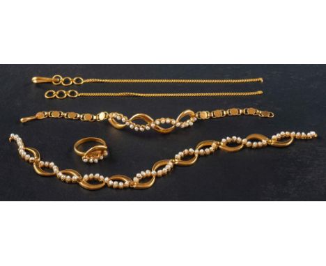 A freshwater cultured pearl ring, bracelet and necklace (a/f),: all stamped '875', ring size K, length of bracelet ca. 16.5cm