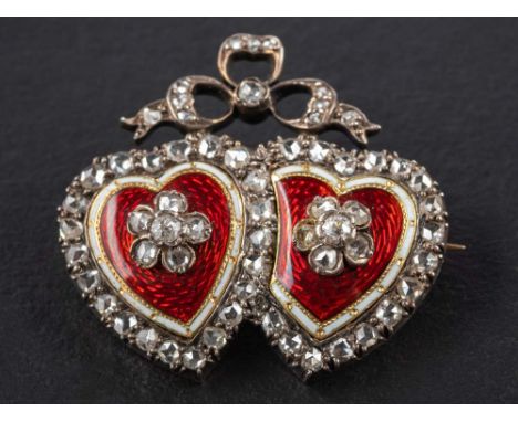 A Victorian, gold and silver, rose-cut diamond, red and white enamel entwined heart brooch,: with ribbon surmount, total leng