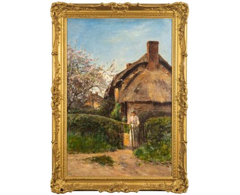 James Herbert Snell [1861-1935]-Early Summer; figure at a garden gate, pink blossom and a thatched cottage beyond,:-signed bo