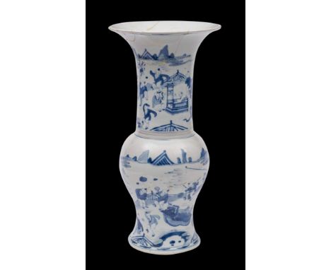 A Chinese blue and white 'boys' yen yen vase: the body painted with boys playing and dancing in a fenced garden, the trumpet 