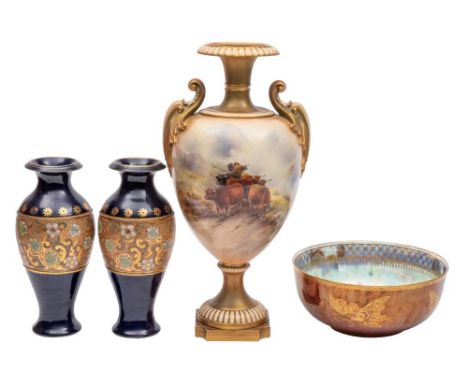 A group of art pottery: comprising a Royal Worcester vase painted with cattle in an upland landscape by John Stinton, 41cm hi