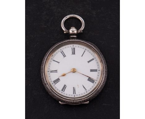 A lady's silver key-wound pocket watch: the Swiss bar movement having a cylinder escapement, the white enamel dial having bla