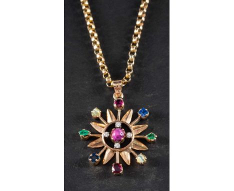 A  starburst, vari-coloured gemset pendant and belcher-link chain,: the gemstones including round, brilliant-cut diamonds, a 