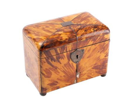 A 19th century blonde tortoiseshell tea caddy: of rectangular outline, the shallow domed hinged lid enclosing two lidded comp