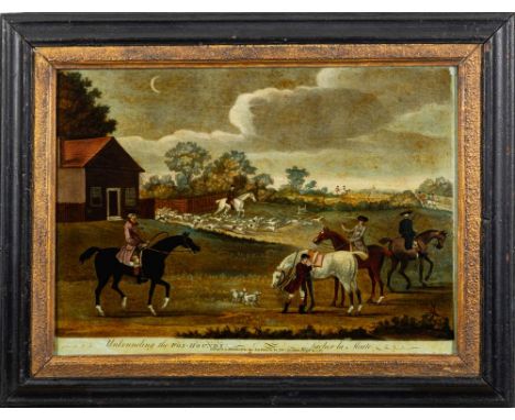 A George III reverse painted mezzotint: `Unkennelling the Fox Hounds'.25.5 x 36cm.