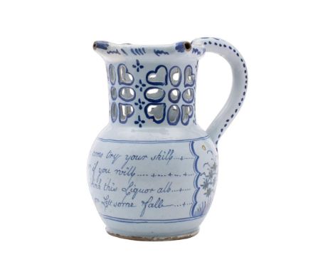 A Liverpool polychrome delftware puzzle jug: of conventional form with pierced cylindrical neck and three nozzles, the body  