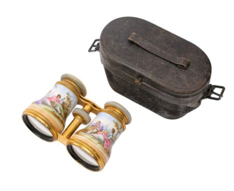 A pair of 19th Century gilt and enamel opera glasses: with mother-of-pearl eyepieces, the barrels decorated with young lovers