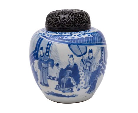 A Chinese blue and white jar: painted with a presentation scene on a terrace, the reverse with two attendants holding banners