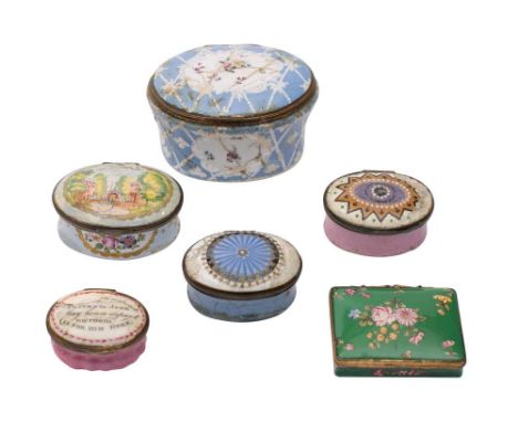 A group of six late 18th/early 19th century enamel patch and snuff boxes: including a green ground  decorated in low relief w