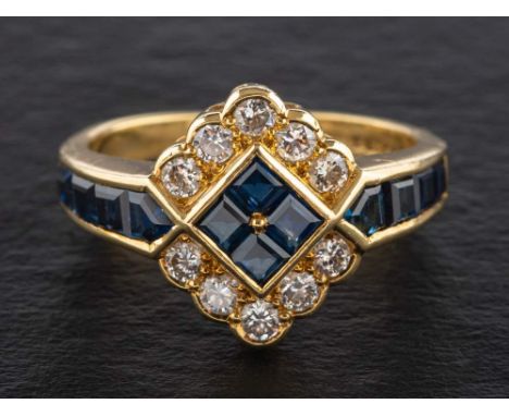 An 18ct gold, round, brilliant-cut diamond and calibre-cut sapphire ring,: total estimated diamond weight ca. 0.40cts, with h