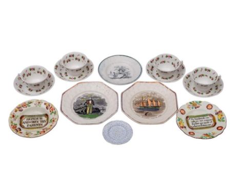 A collection of five 19th century pottery nursery plates and four child's cups and saucers: the plates with titles including 