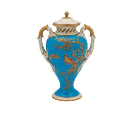 A Royal Worcester turquoise ground two-handled pot-pourri vase and cover: possibly decorated by Edward Raby in raised enamels