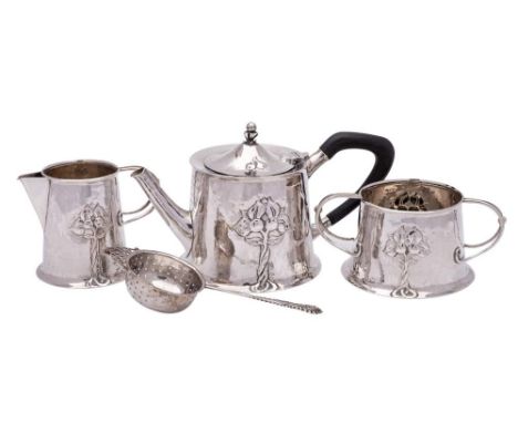 An Art Nouveau period silver three-piece bachelor's tea service, maker Albert Edward Jones, Birmingham, 1907: of cylindrical 