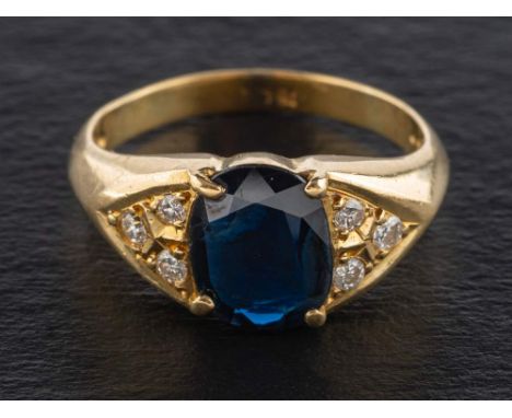 A sapphire and round, brilliant-cut diamond ring,: estimated sapphire weight ca. 1.10cts, estimated total diamond weight ca. 