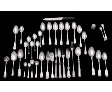 A mixed collection of assorted silver flatwares, various makers and dates: includes tea spoons, coffee spoons, pickle fork, d