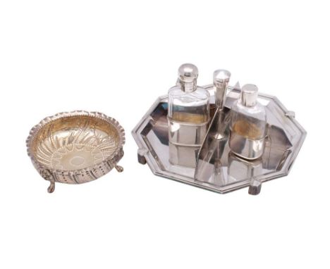 A mixed collection of silver and silver plate: includes, two clear glass and silver mounted hip flasks, a Victorian silver di