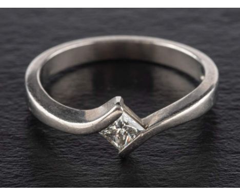 A palladium, princess-cut diamond ring,: estimated diamond weight ca. 0.22ct, I-J colour, VS2-SI1 clarity, with maker's mark 