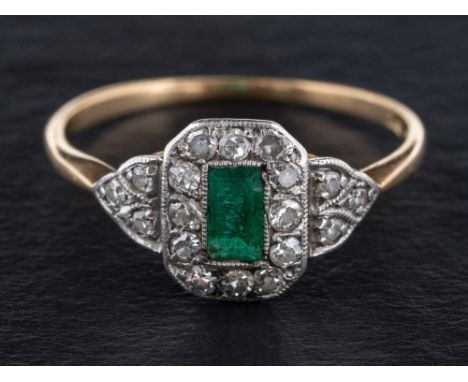 An rectangular step-cut emerald, round brilliant and single-cut diamond ring,: calculated emerald weight ca. 0.24cts, total d