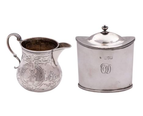 A late Victorian silver tea caddy, maker's mark worn, London, 1897: initialled, of oval outline with shallow domed hinged lid