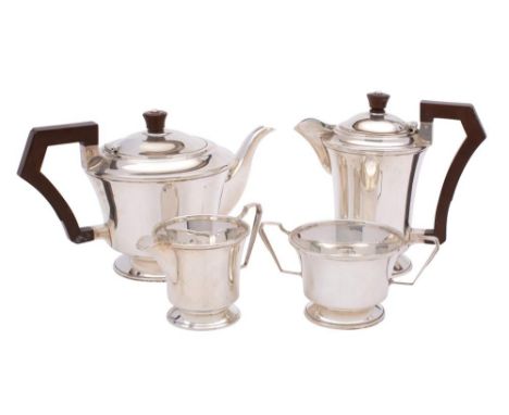 A George VI silver four-piece tea service, maker Charles S Green & Co Ltd, Birmingham, 1940: of plain cylindrical form, raise