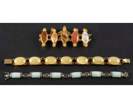 Three gemset bracelets,: including a jade bracelet, stamped '925', weight ca. 13.7gms; a gilt metal, navette shaped, banded a