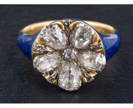 A blue enamel, single-cut and pear-shaped diamond ring of flowerhead design,: total estimated diamond weight ca. 1ct., H-I co