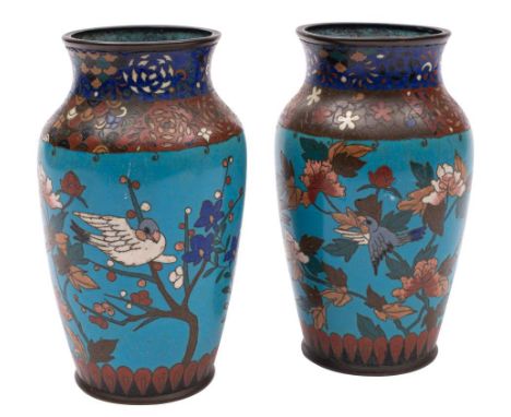 A pair of Chinese cloisonne enamel vases: of ovoid form, decorated with birds amongst flowers and foliage, 19cm high.