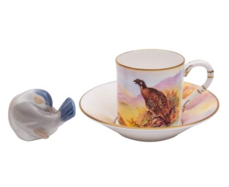  A Royal Worcester Connoisseur Collection coffee can and saucer and a Copenhagen porcelain study of a bird: the can printed w