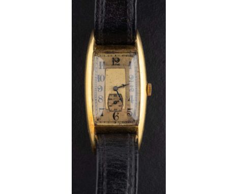 An Art Deco wristwatch,: the square silvered dial with Arabic numerals, baton minute dividers and a secondary seconds dial, w