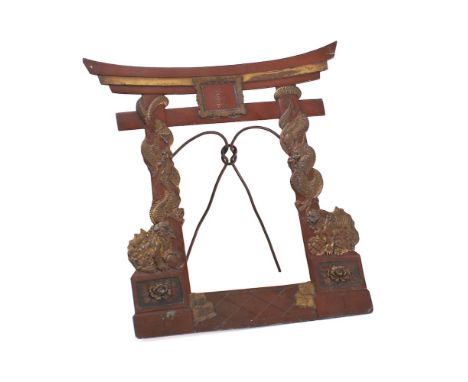 A Japanese bronzed metal photograph frame in the form of a Torii (Temple gate): decorated with dragons and temple dogs height
