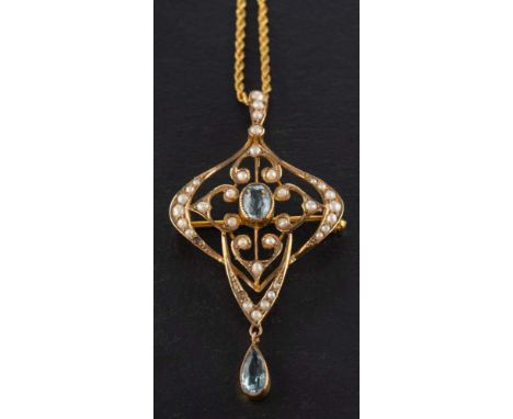 An Art Nouveau style, openwork, aquamarine and seed pearl brooch/ pendant,: estimated weight of principal aquamarine, ca. 0.5