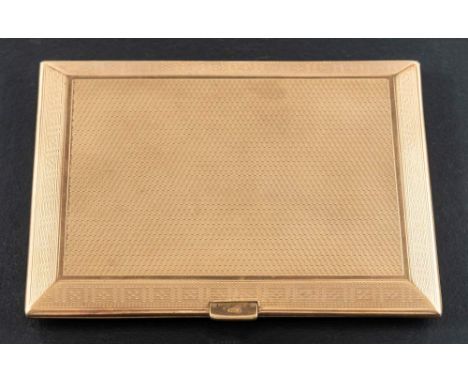 A 9ct gold cigarette case with engine-turned decoration,: sponsor's mark for William Neale, hallmarks for Birmingham, 1924,  