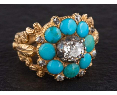 A turquoise and cushion-cut diamond ring of flowerhead design,: estimated principal diamond weight ca. 0.50ct, I-J colour, SI