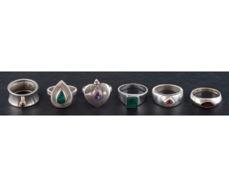 Six gemset rings,: including emerald, chalcedony, pink tourmaline, garnet and amethyst, three stamped '925', ring sizes N-R, 