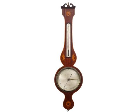 Saldarini, Peterborough, a Sheraton style wheel barometer: the round silvered dial with usual barometer markings and engraved