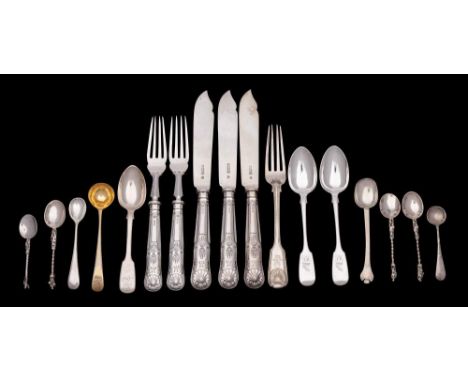 A collection of assorted silver flatwares, various makers and dates: includes, three fish knives and two fish forks with fill