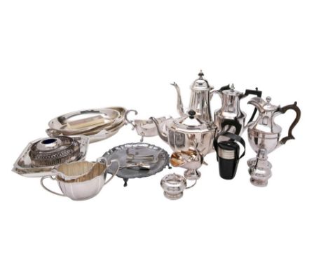 A quantity of assorted silver plate wares:  including entree dishes three-piece tea service, coffee pot, condiments, coasters