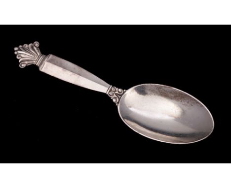 A Georg Jensen, a silver Acanthus pattern caddy spoon, stamped marks: bears import marks, 10.7cm long, 22gms, 0.72ozs.