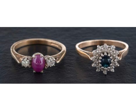 Two 9ct gold gemset rings,: including a cabochon-cut, oval ruby and round, brilliant-cut diamond three-stone ring, estimated 